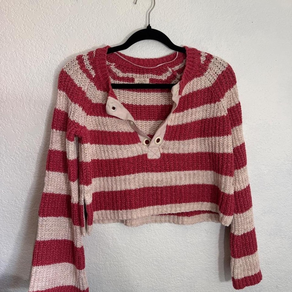 Pilcro Anthropologie Bell Sleeve Henley Sweater Pink Cream Striped Cropped XS
